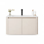 Front shot of floating cream vanity against plain background