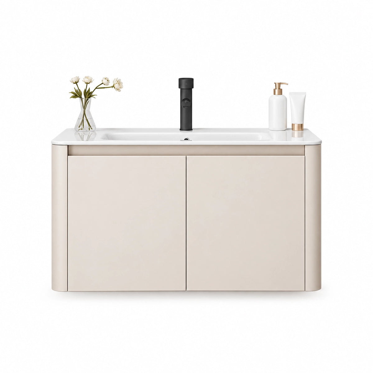 Front shot of floating cream vanity against plain background