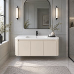 Cream wall‑mount bathroom vanity installed in bright bathroom space