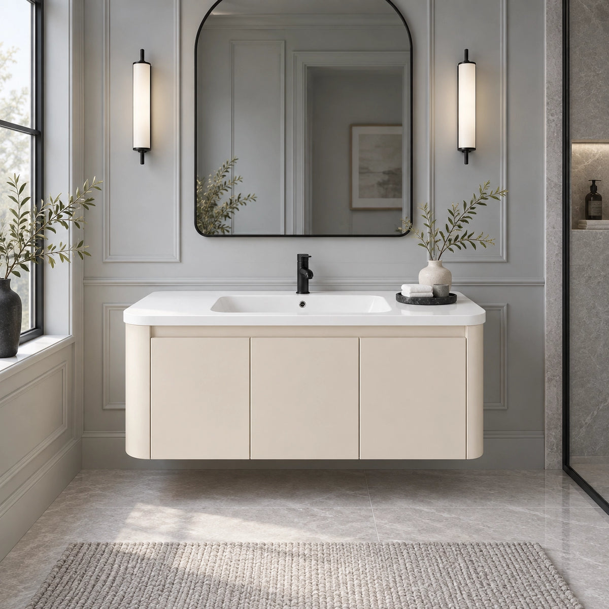 Cream wall‑mount bathroom vanity installed in bright bathroom space