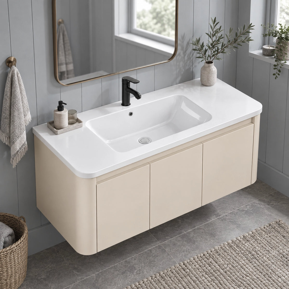 Wall‑hung cream bathroom vanity with natural light bathroom scene