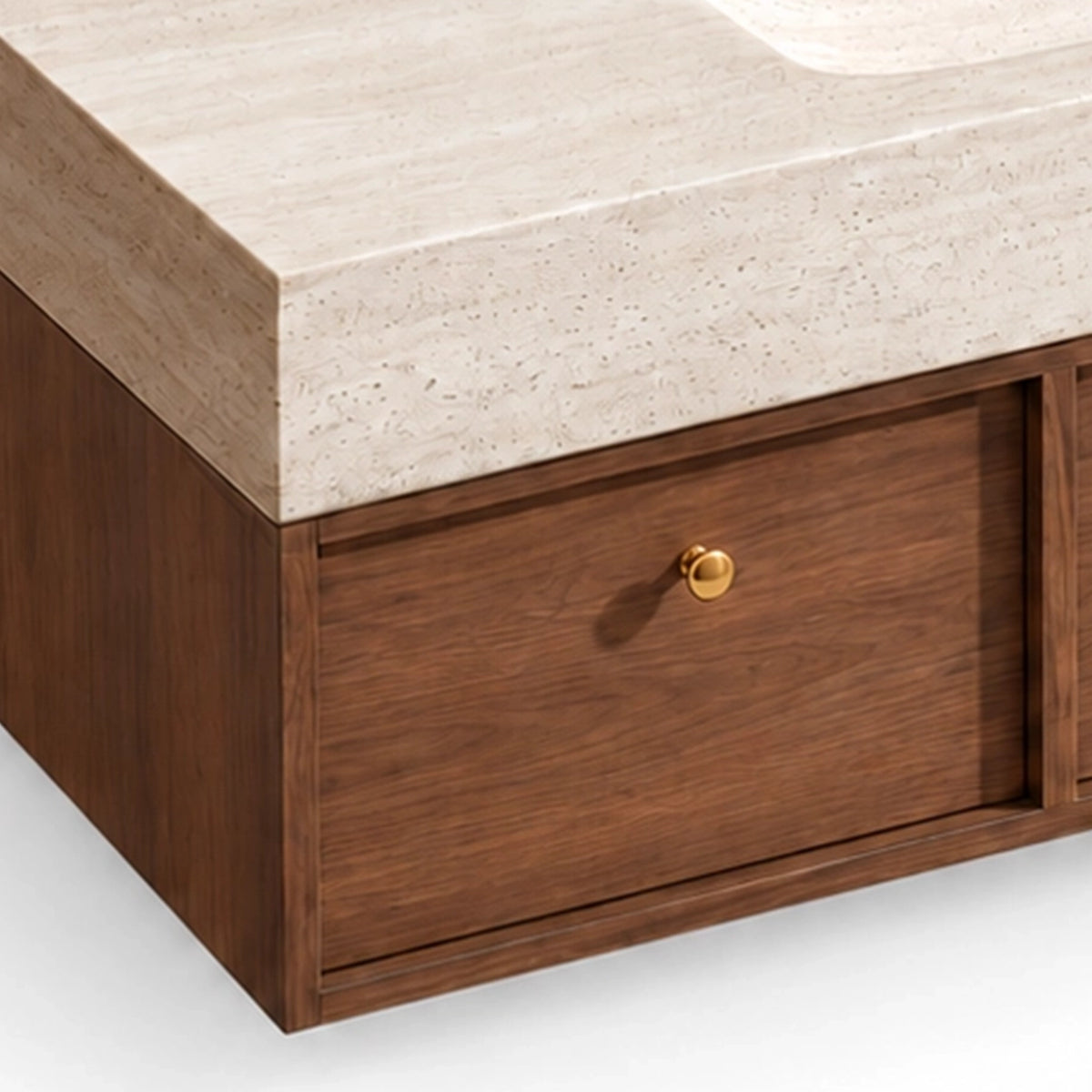Vanity wooden drawer detail, brown cabinet with round gold knobs