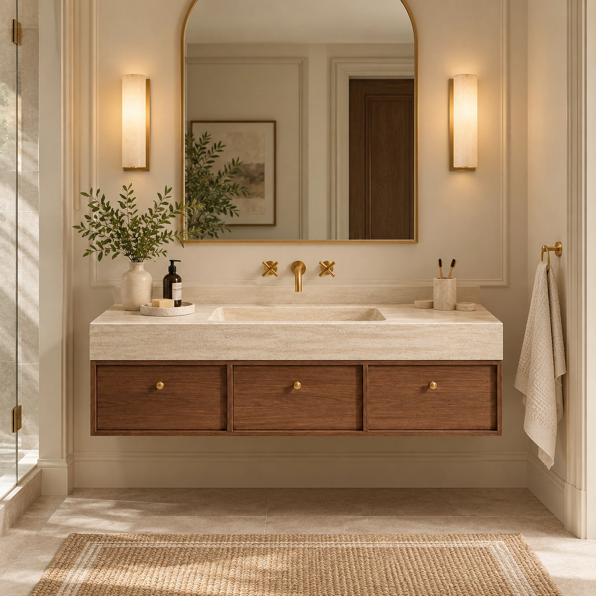 Wall‑mounted travertine vanity, luxury vintage bathroom space