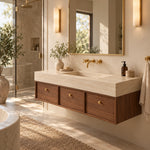 Floating travertine bathroom vanity, natural‑light bathroom with glass shower