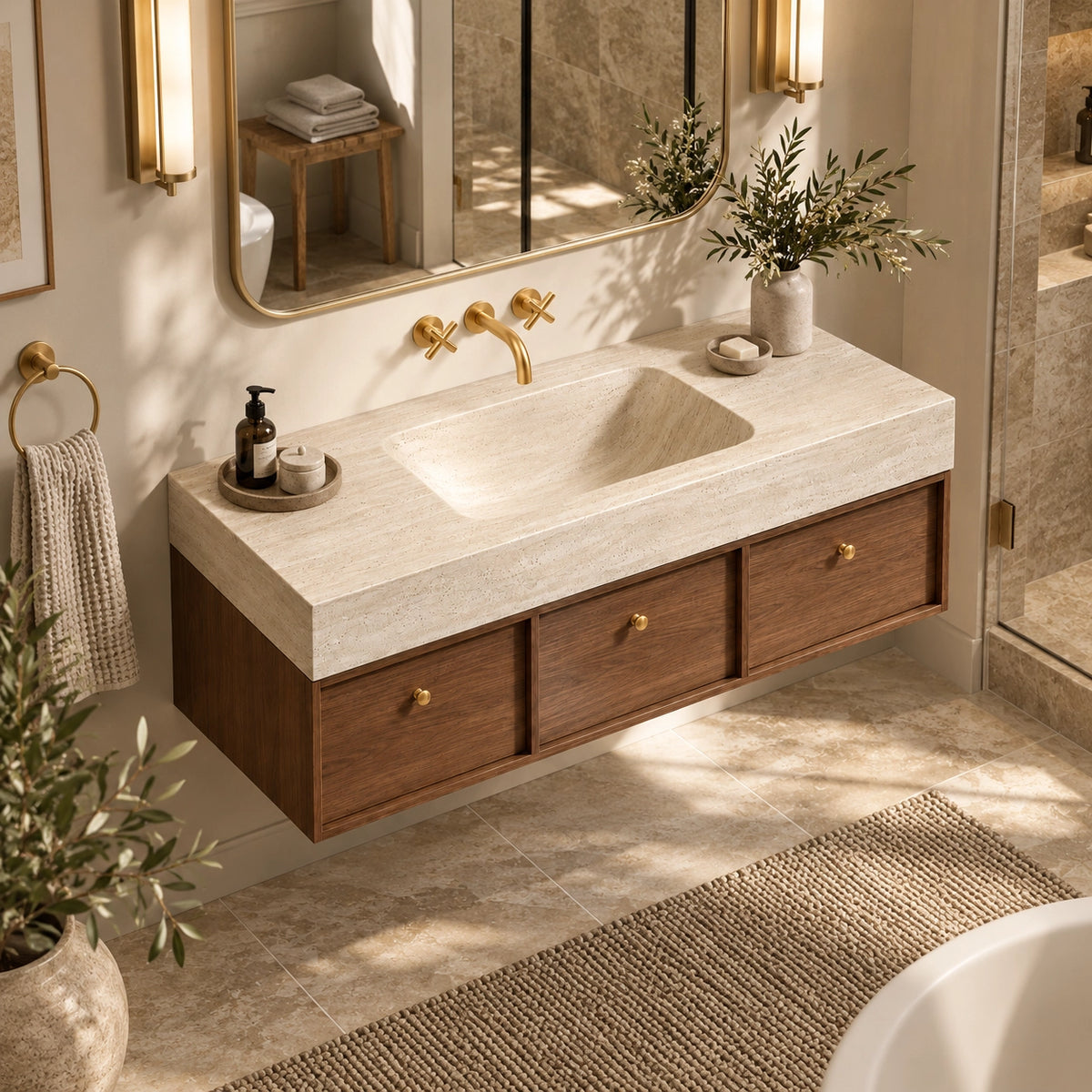 Wall‑hung wooden bathroom vanity, real bathroom with tub and shower area