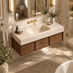 Wall‑hung wooden bathroom vanity, real bathroom with tub and shower area