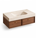 Wall‑mount bathroom vanity, 2‑drawer walnut cabinet with integrated slate sink