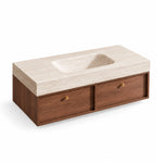 Floating bathroom vanity, low‑profile 2‑drawer design, thick light beige slate countertop