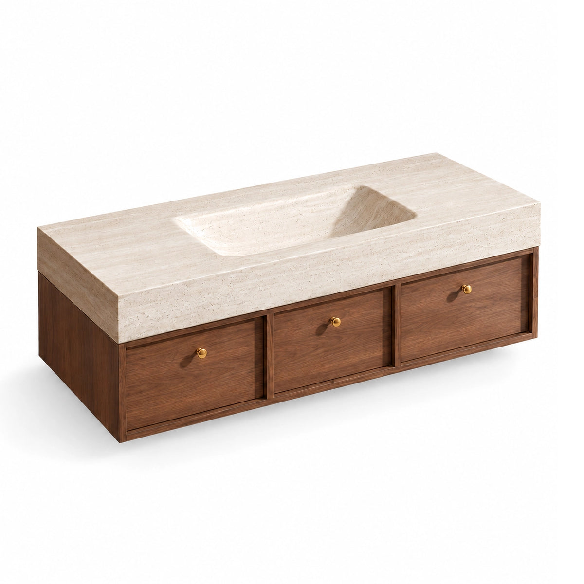 Wall‑hung bathroom vanity cabinet, 3‑drawer storage layout with round gold knobs