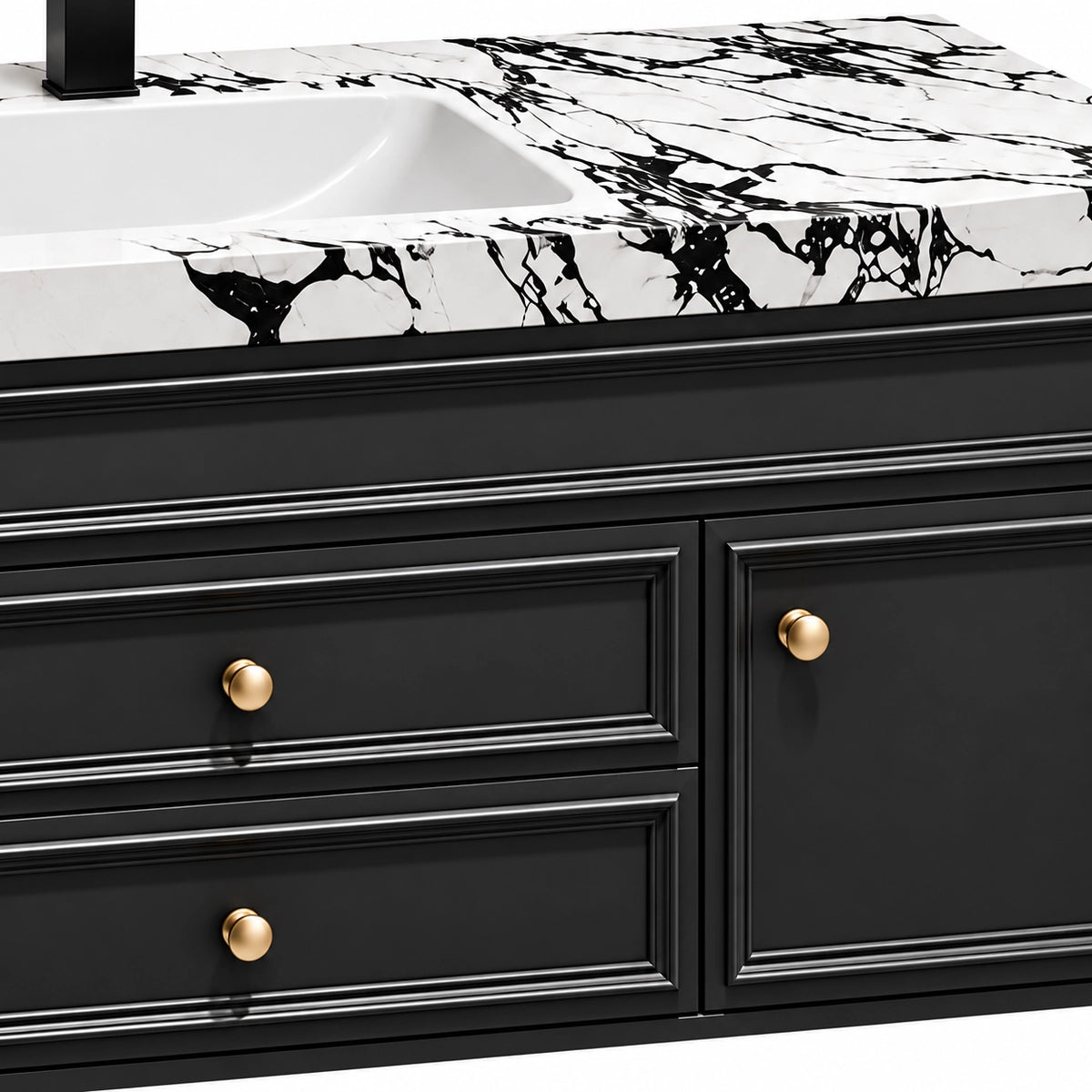 Vanity drawer detail, gold round knobs and raised‑line cabinet doors