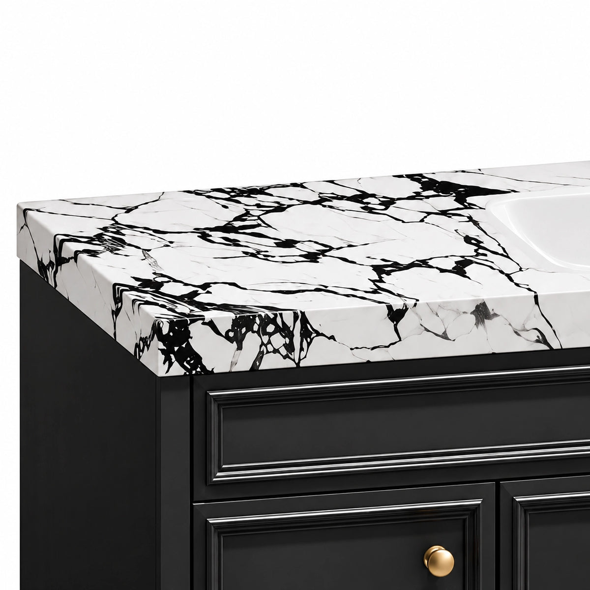 Vanity corner detail, joint of black‑white marble top and black cabinet body