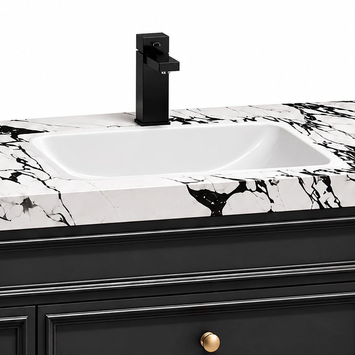 Vanity close‑up, Bulgari marble top with square black faucet