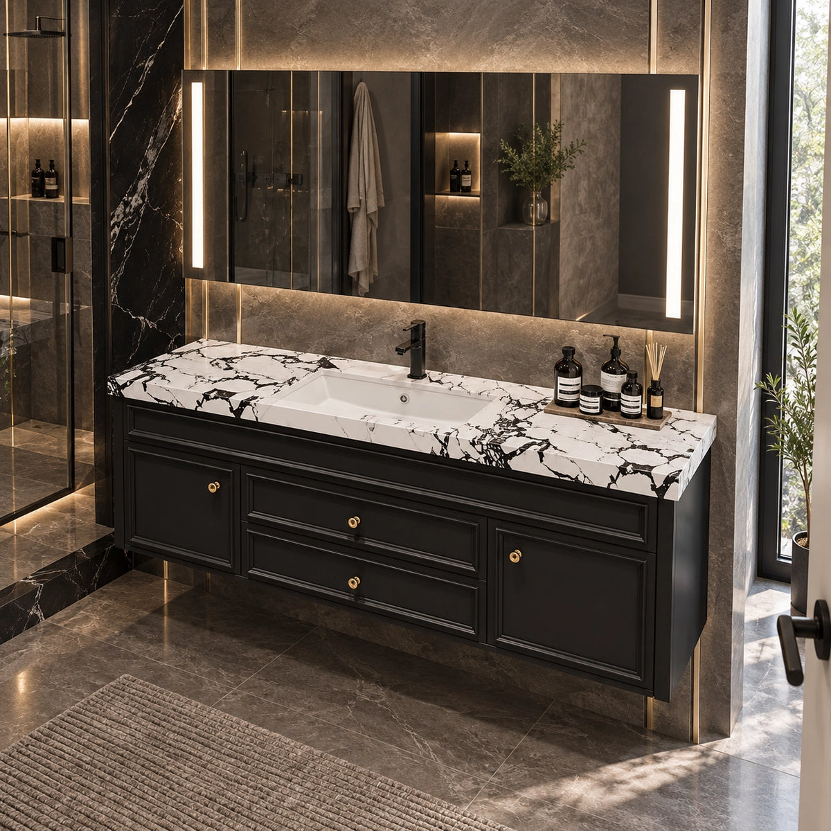 Wall‑hung vanity cabinet, backlit mirror, luxury bathroom with shower area