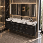 Wall‑hung vanity cabinet, backlit mirror, luxury bathroom with shower area