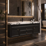 Wall‑mounted bathroom cabinet, Bulgari marble countertop, bathroom with freestanding tub
