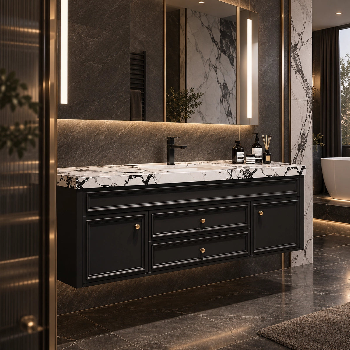 Wall‑mounted bathroom cabinet, Bulgari marble countertop, bathroom with freestanding tub