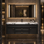 Floating bathroom vanity, lighted mirror, dark marble bathroom space