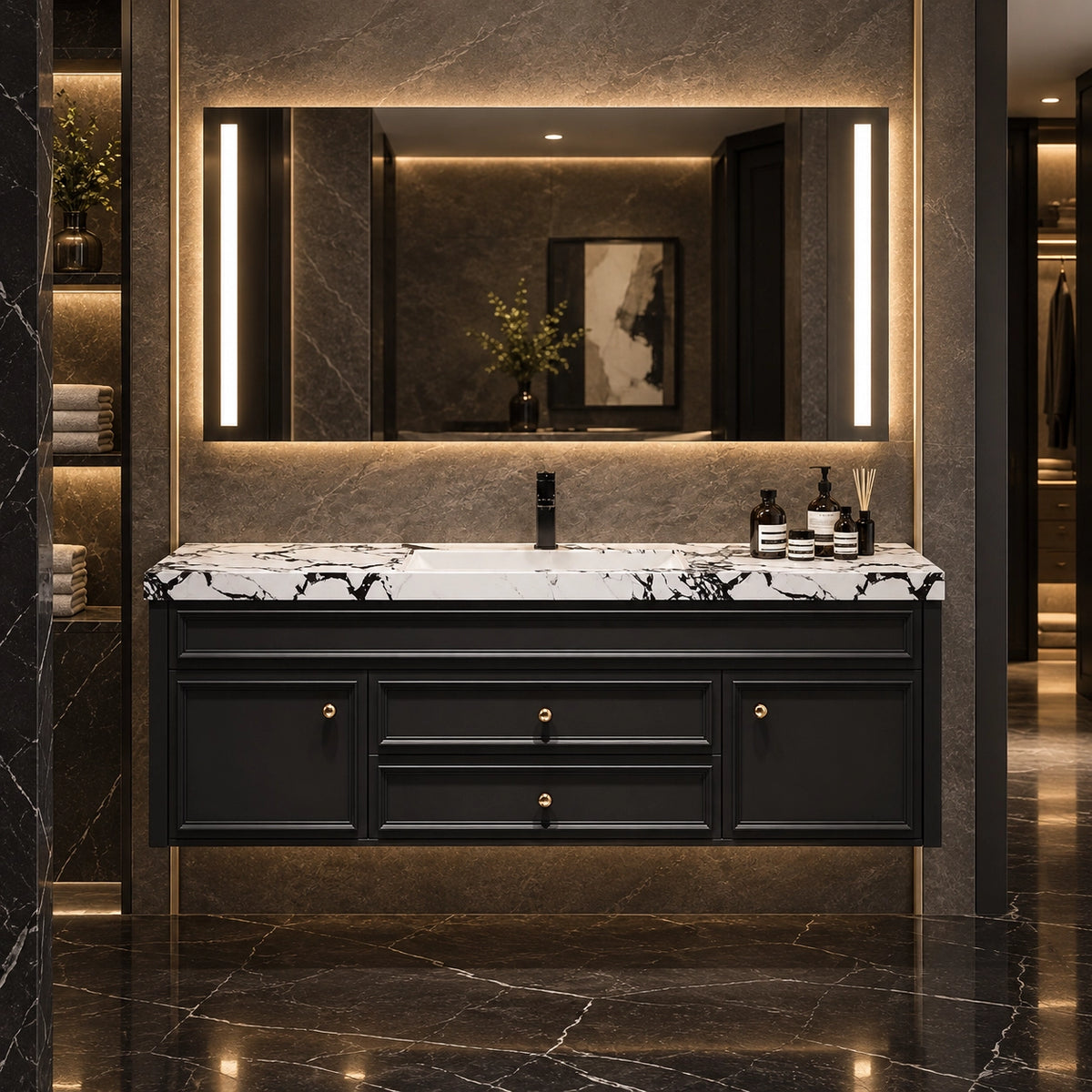 Floating bathroom vanity, lighted mirror, dark marble bathroom space