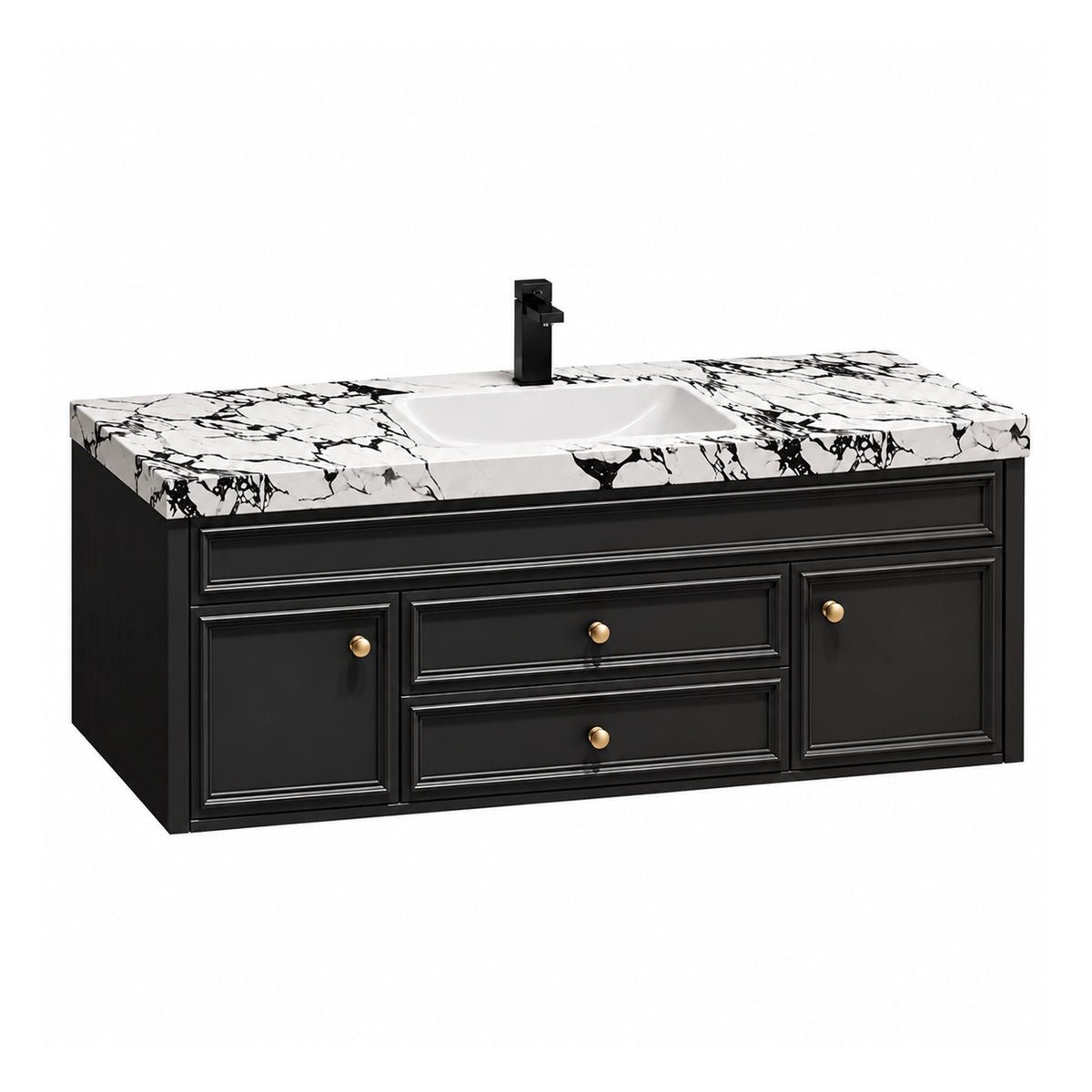 Floating bathroom vanity, matte black cabinet, black‑vein marble top with black faucet