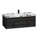 Floating bathroom vanity, matte black cabinet, black‑vein marble top with black faucet