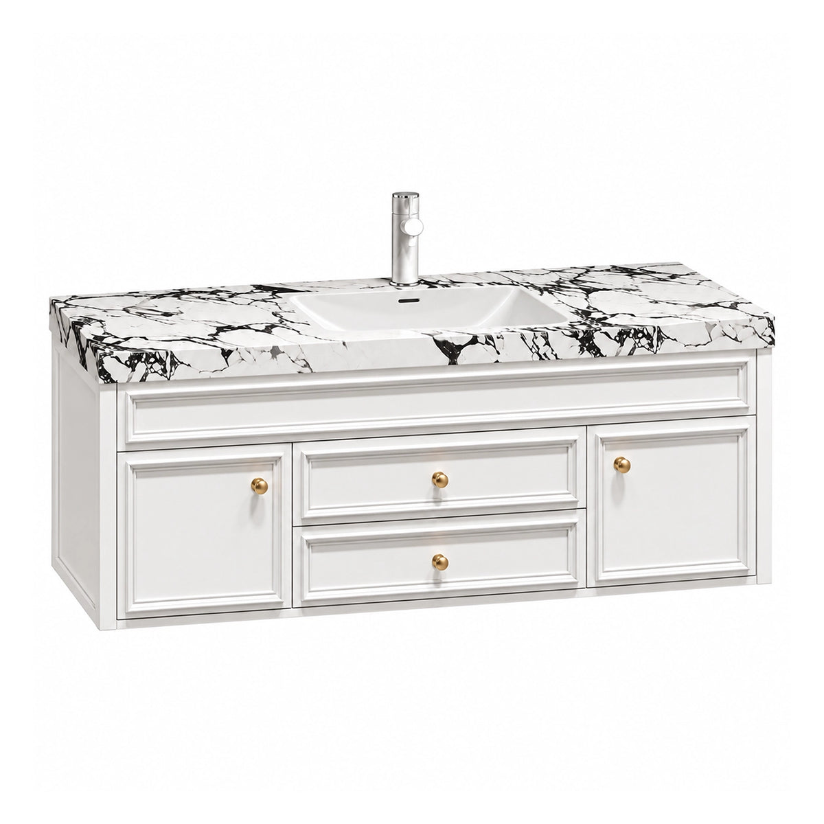 Wall‑mount bathroom vanity, white cabinet with gold round knobs, Bulgari marble countertop