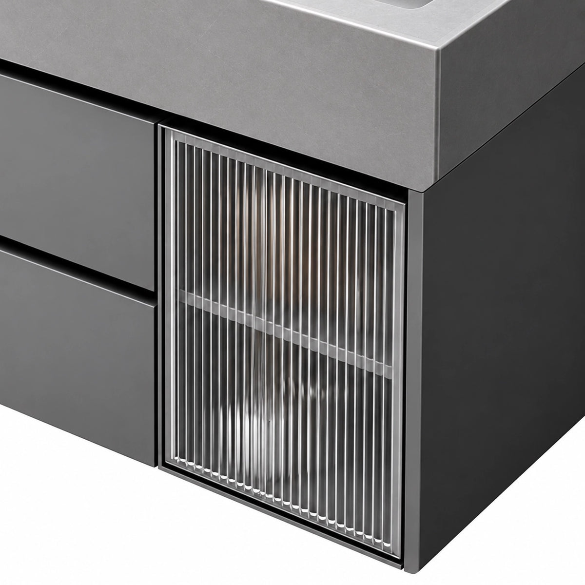 Vanity close‑up, vertical fluted glass cabinet door with double shelf