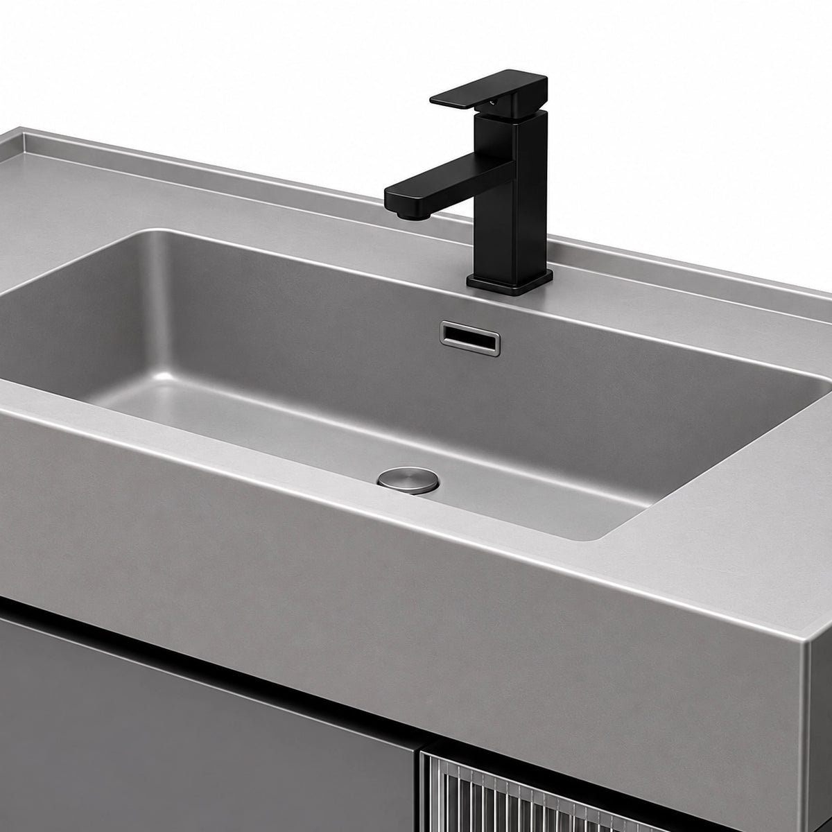 Vanity sink detail, grey integrated stone sink with square black faucet