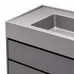 Vanity corner detail, thick stone countertop edge joint with matte grey cabinet