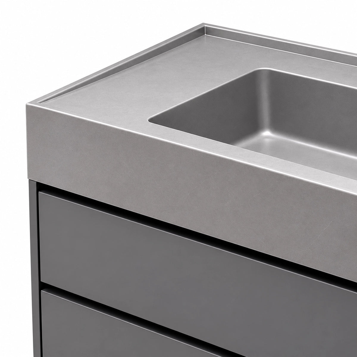 Vanity corner detail, thick stone countertop edge joint with matte grey cabinet
