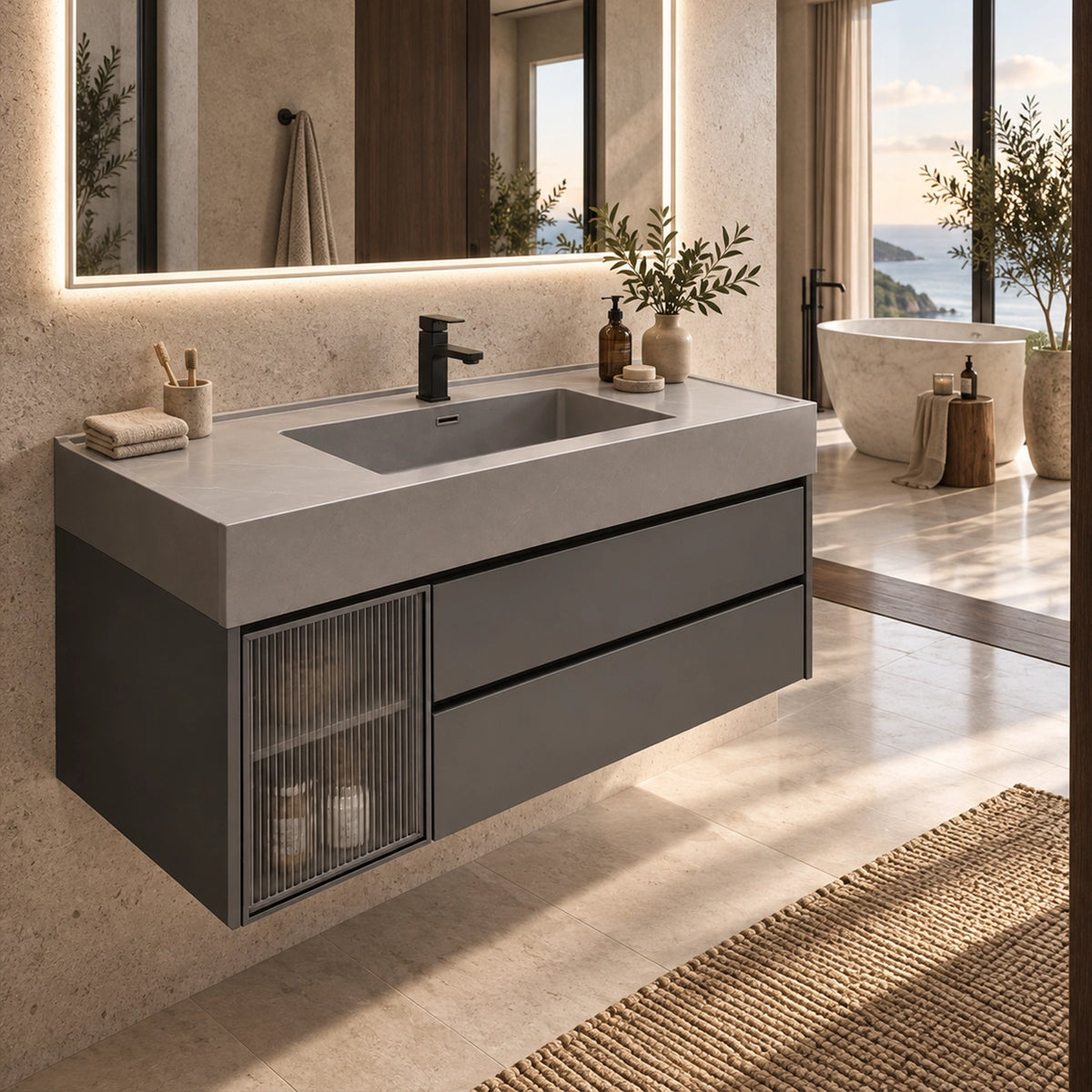 Floating bathroom vanity, fluted glass door, luxury bathroom with freestanding bathtub
