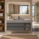 Wall‑mount vanity cabinet, LED lighted mirror, wabi‑sabi style ocean‑view bathroom