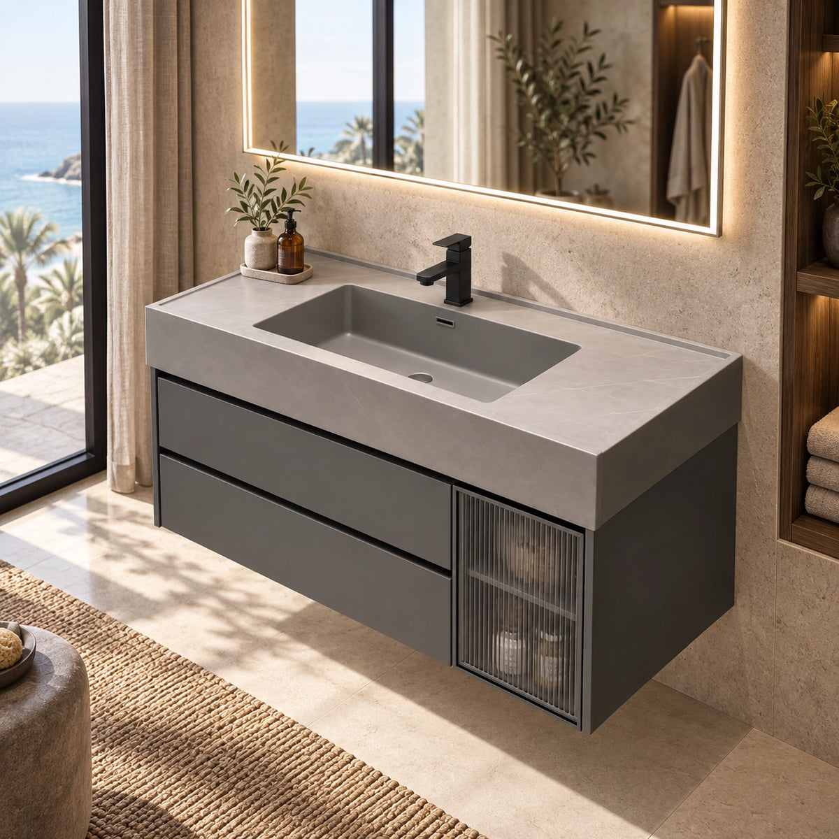 Wall‑hung bathroom cabinet, integrated stone sink, sea‑view bathroom with floor‑to‑ceiling window