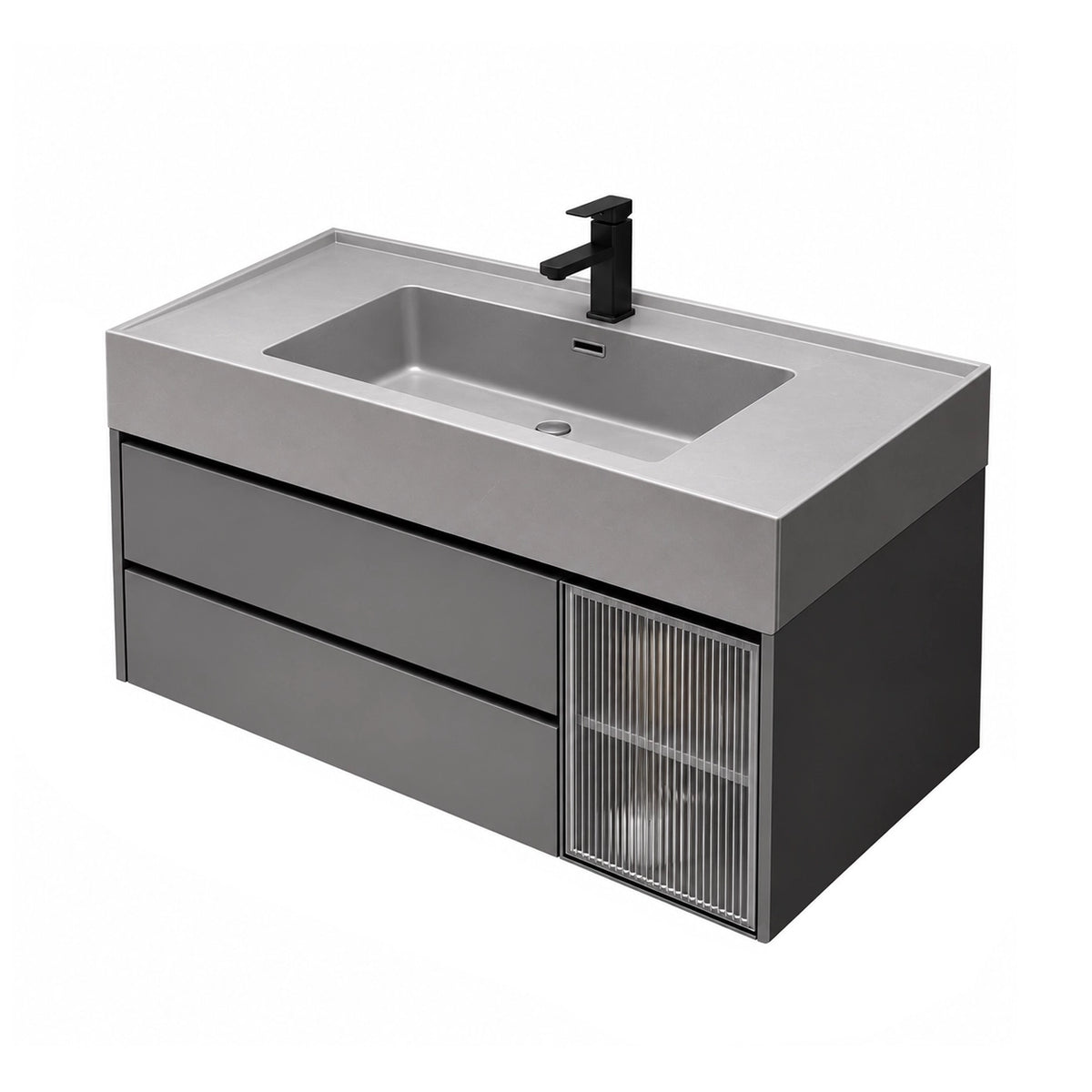 Wall‑mount bathroom vanity, matte grey cabinet, fluted glass side cabinet, modern minimalist style