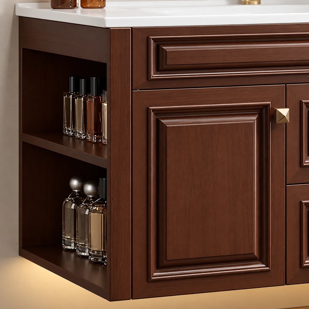 Brown vanity side section detail, open tiered side shelf for toiletries storage