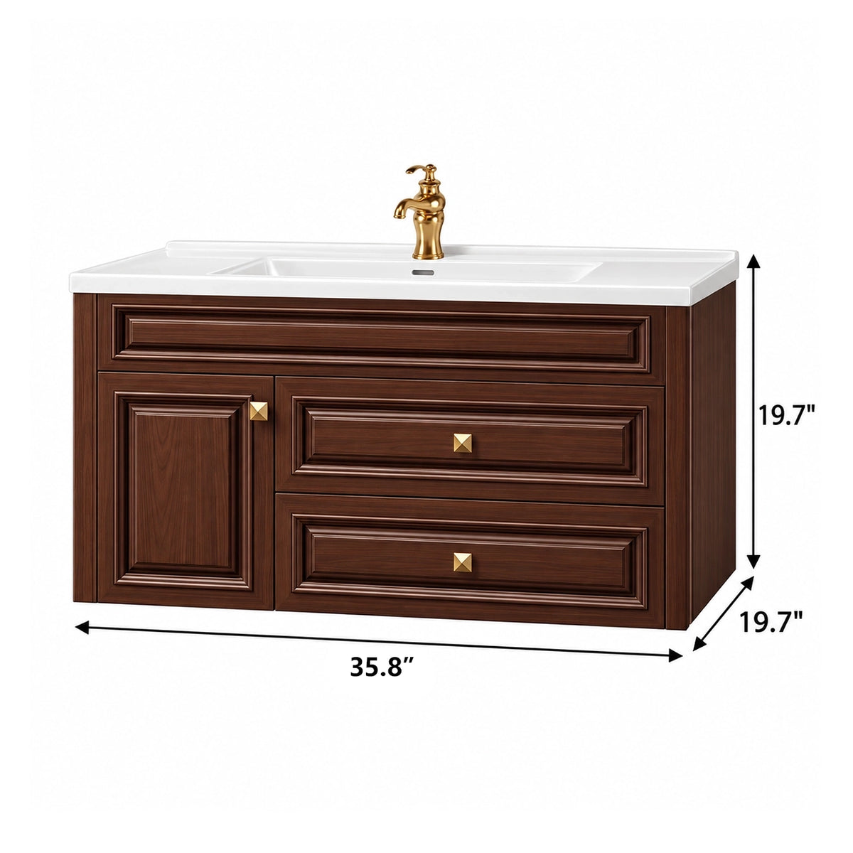 Brown floating bathroom vanity, size 35.8"×19.7"×19.7"
