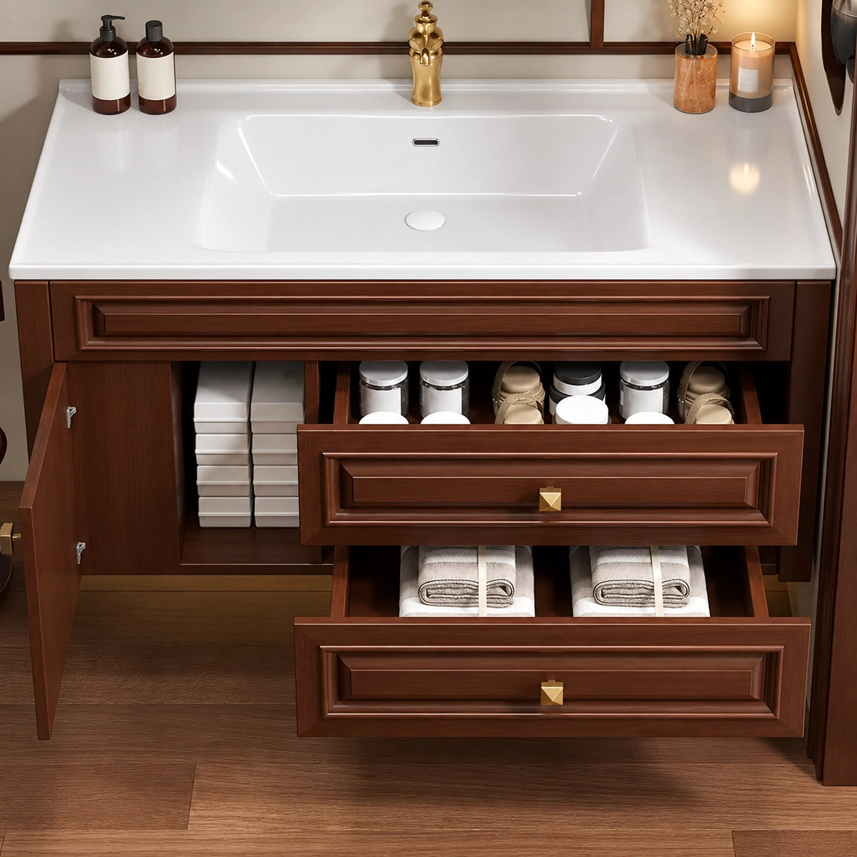Vanity close‑up, brown cabinet door and drawers open, showing inner storage space