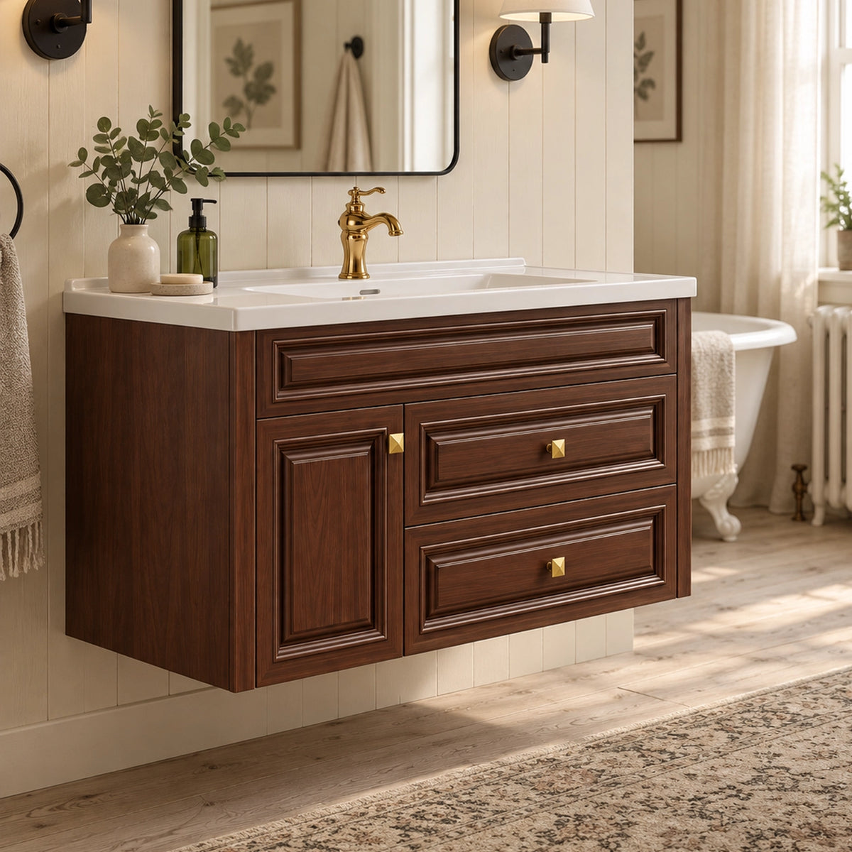 Brown wall‑mount vanity, American‑style bathroom with freestanding tub