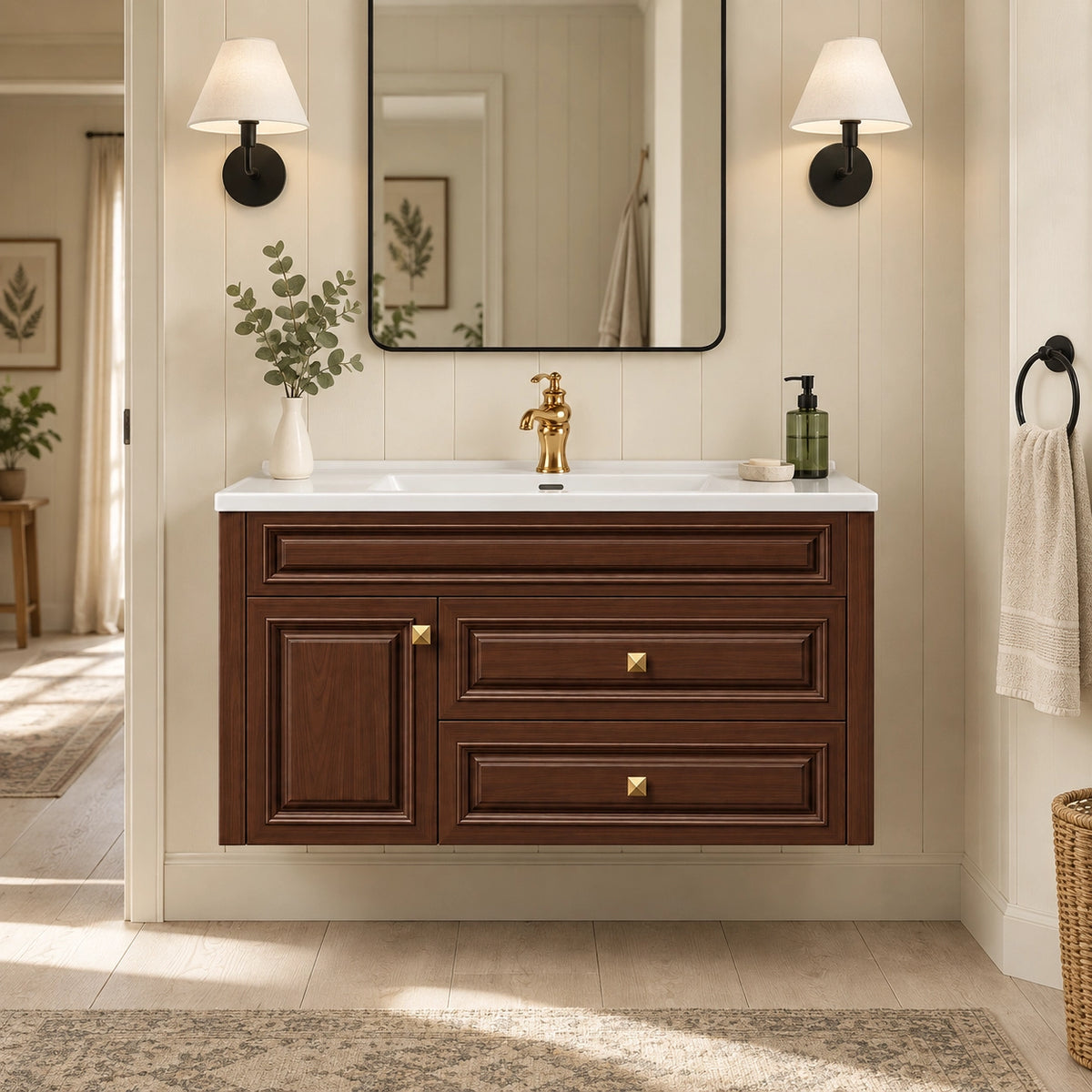 American floating bathroom vanity, wainscot style luxury bathroom