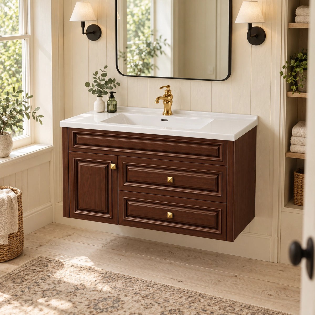 Vintage floating bathroom cabinet, brown body, retro bathroom with natural light window