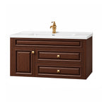 Floating bathroom vanity, integrated white countertop, vintage styled cabinet body
