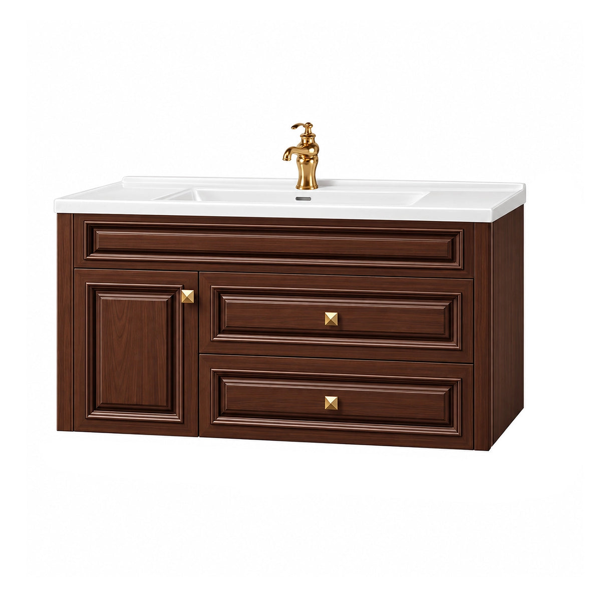 Floating bathroom vanity, integrated white countertop, vintage styled cabinet body