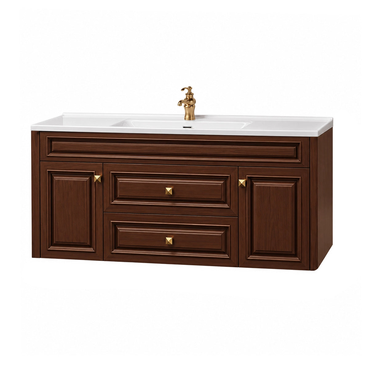 American wall‑hung vanity, dual side cabinet doors, multi‑drawer storage layout