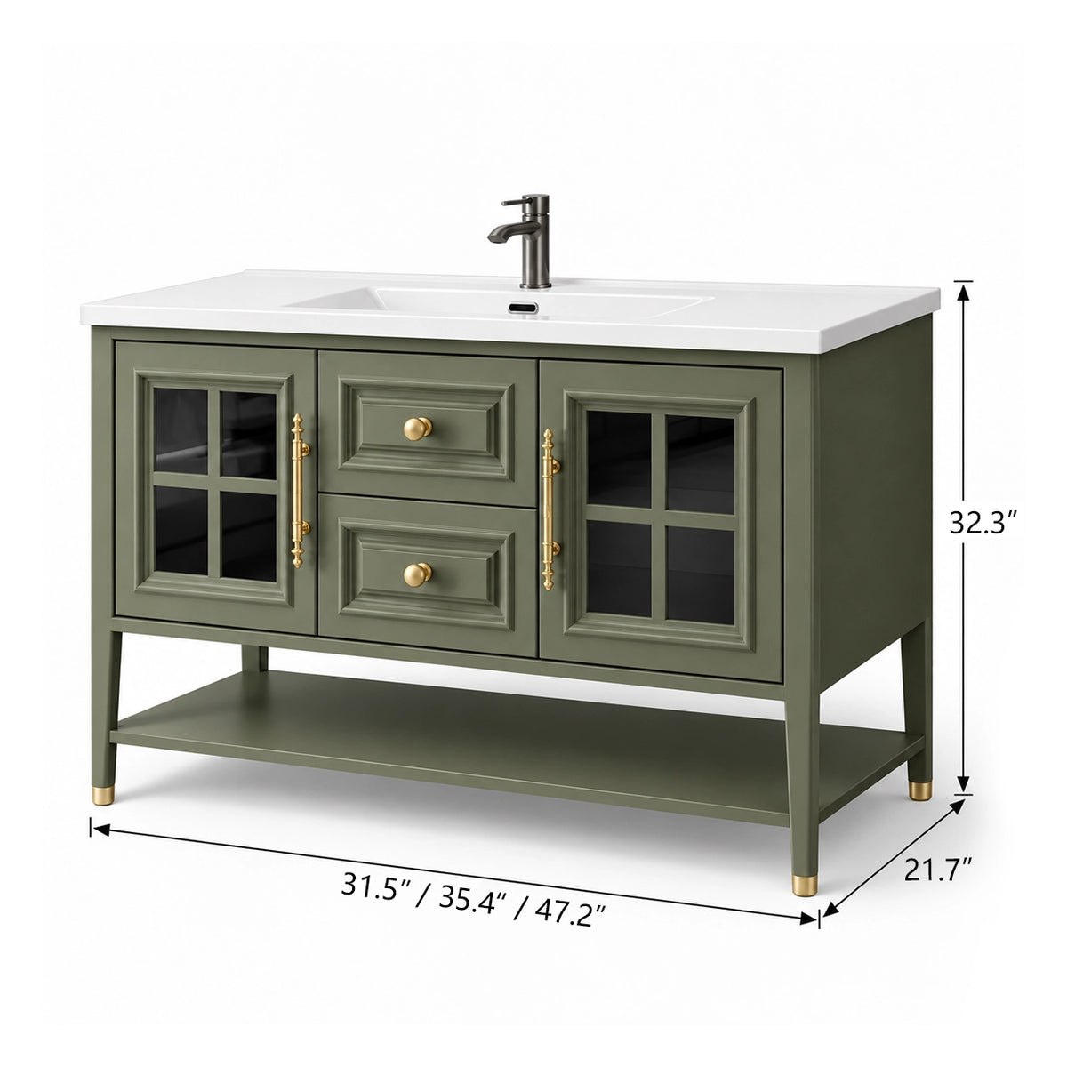 Green freestanding bathroom vanity, size 31.5"/35.4"/47.2"×21.7"×32.3"