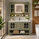 Freestanding bathroom vanity with mirror cabinet, modern‑American tiled bathroom scene