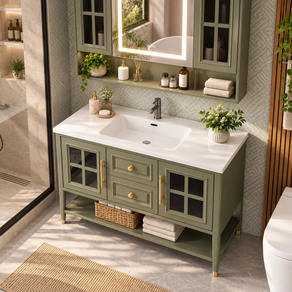 Freestanding bathroom cabinet with LED mirror, well‑lit American‑style bathroom