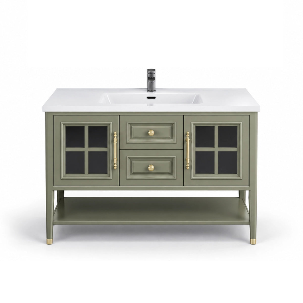 American freestanding vanity,  mixed glass doors and open shelf
