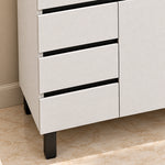 Vanity corner detail, wood‑grain drawer panels with black square support legs