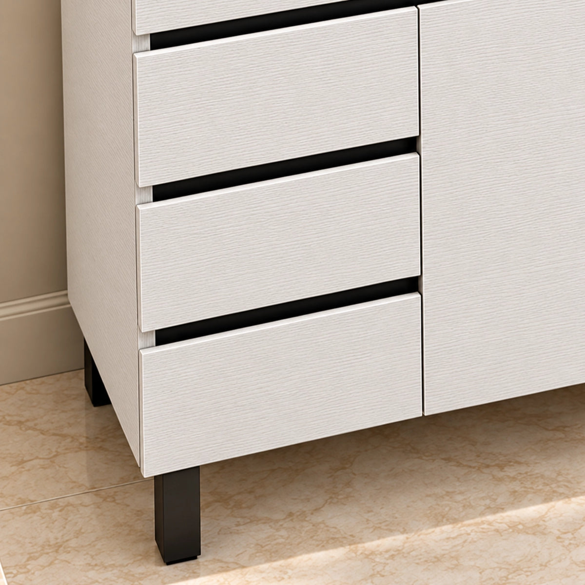 Vanity corner detail, wood‑grain drawer panels with black square support legs