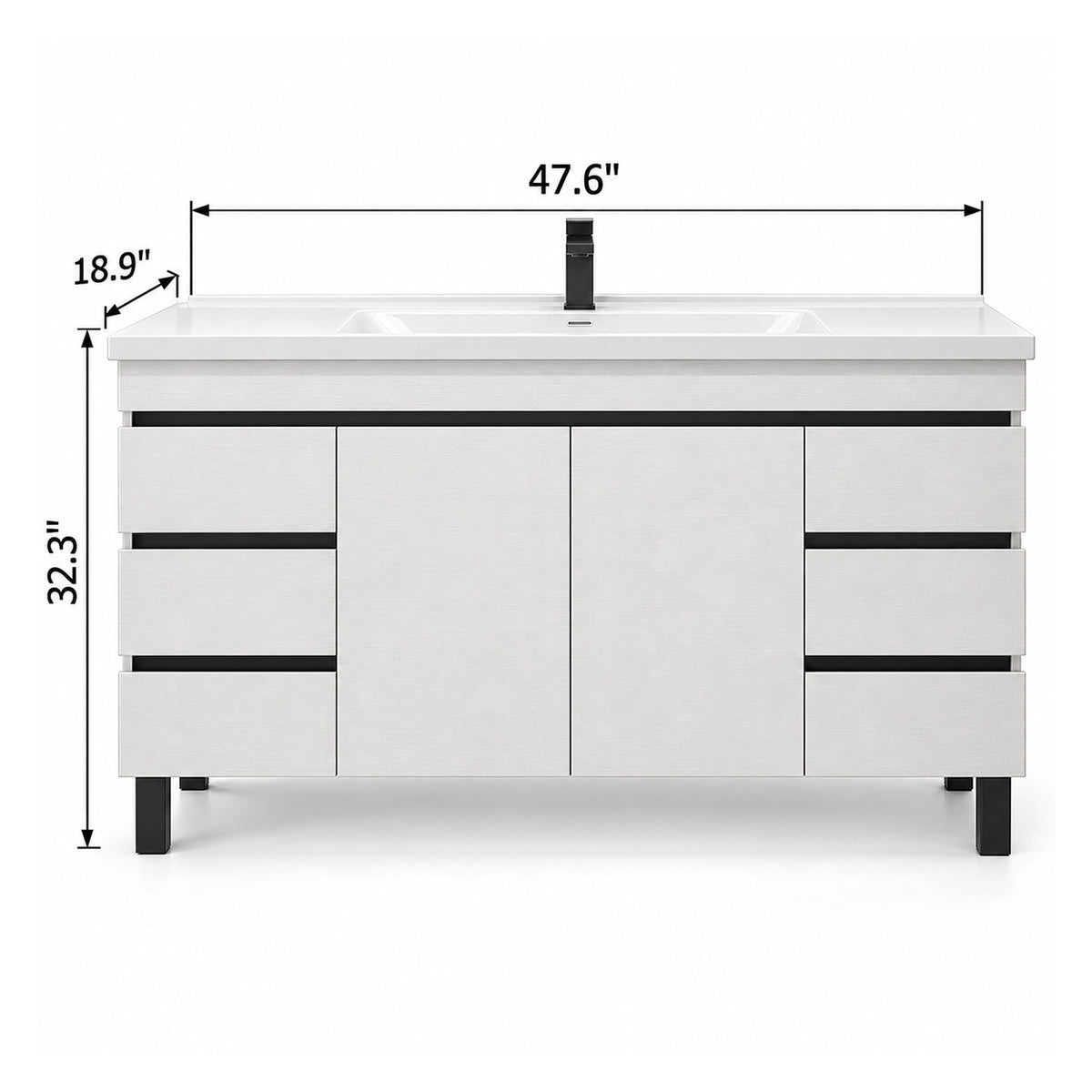 White freestanding bathroom vanity, size 47.6"×18.9"×32.3"
