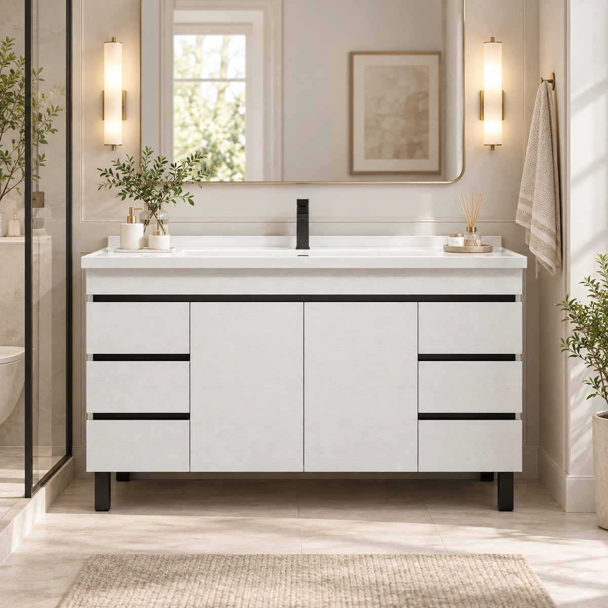 Freestanding bathroom vanity, light‑toned minimalist bathroom